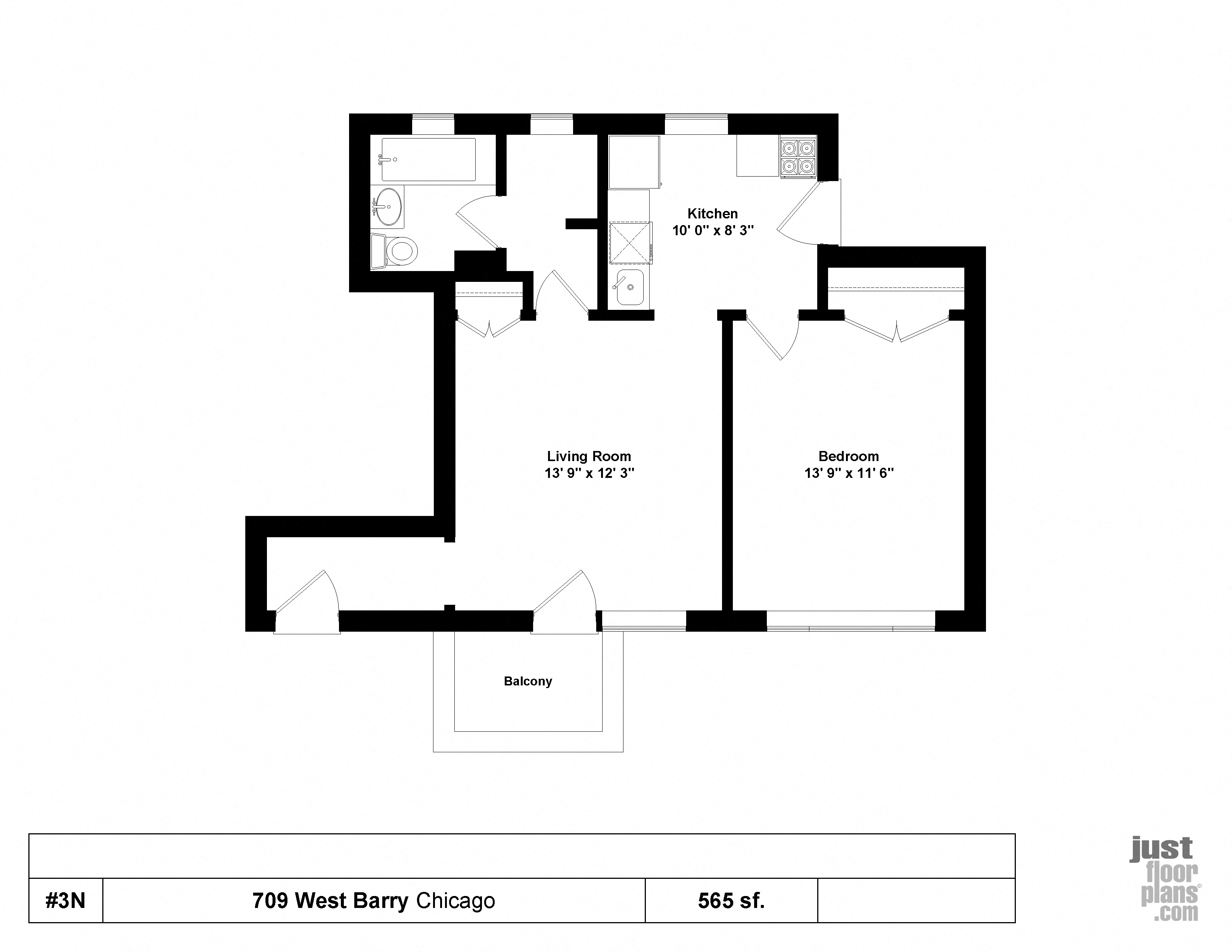 Floor plan for 1 bed, 1 bath, 446 sqft
